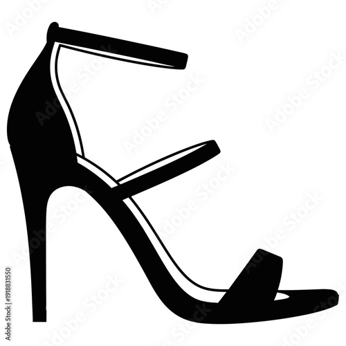 A sleek and sophisticated black high heel shoe with an ankle strap and open toe, perfect for making a statement at any formal event or adding a touch of elegance to a night out on the town.