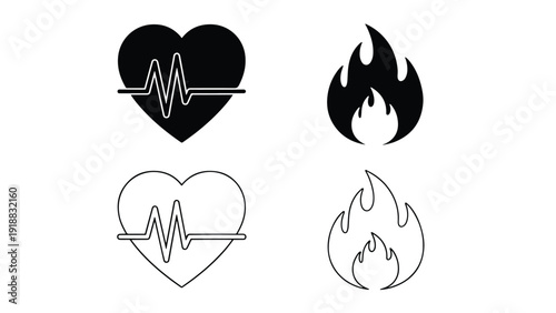 Heart and flame medical love icons vector illustration - Line and glyph icon set - Stickers and Clipart - PNG and SVG Icon collection - Lineal icons - Editable icon
