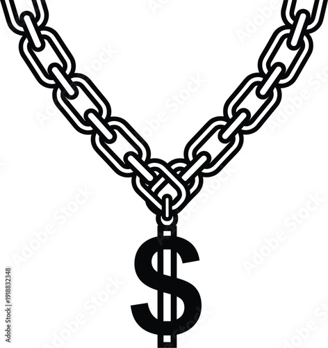 Vector line art illustration of a heavy chain necklace with a large dollar sign pendant for hip hop fashion concepts।