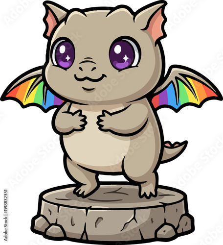 Adorable Fantasy Creature with Rainbow Wings on Pedestal