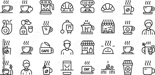 Coffee cafe icons set, barista espresso line art, hot drink symbols, modern outline vector collection isolated white background
