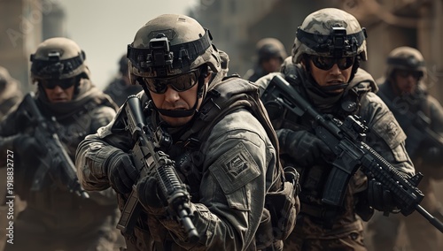 Troops are positioning against terrorists. The military oversees the area. A soldier is armed and in combat gear