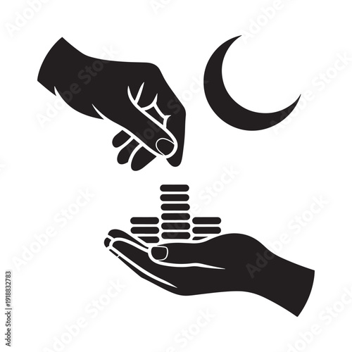 Hands exchanging stacked coins under a crescent moon a symbolic illustration