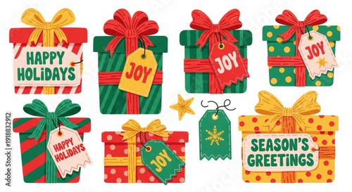 Colorful christmas presents with bows and holiday greetings on white background festive gift boxes