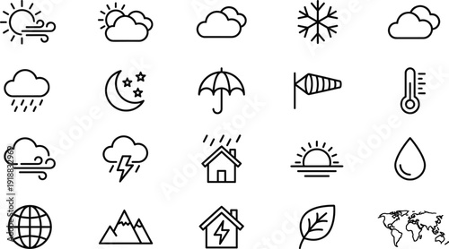 Weather climate line icon set sun cloud rain wind snow temperature forecast nature outline vector collection