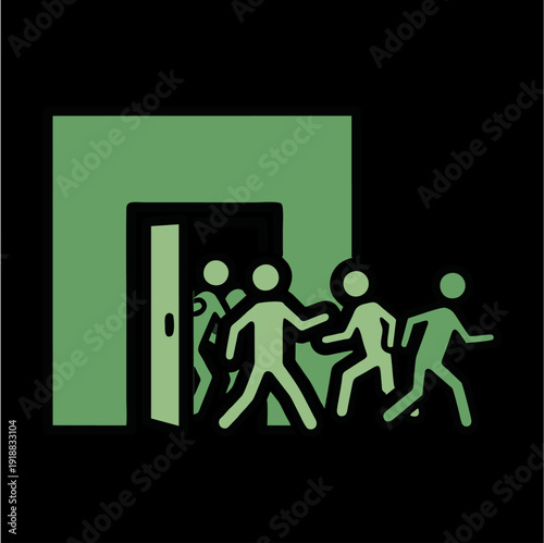 Stylized green figures rushing out of an open doorway on a black background, resembling an emergency exit symbol.