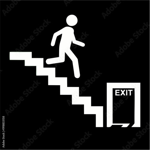 White stick figure running down stairs towards an exit door on a black background, indicating an emergency escape route.