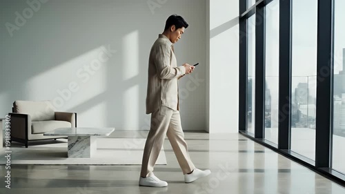 An elegant professional in a minimalist suit walks through a bright, high-rise office, engrossed in his mobile phone, reflecting modern urban lifestyle and digital connectivity