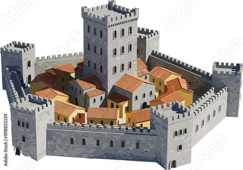 Isometric vector illustration of a medieval fortified town with stone walls, half-timbered houses, watchtowers, and arched gates for historical travel and game design.