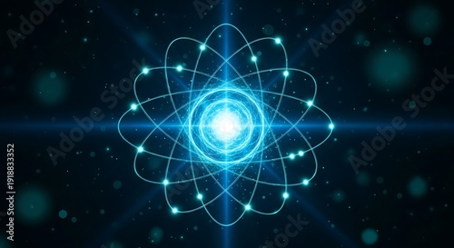 Wallpaper Mural Bright glowing atomic nucleus with orbiting particles and digital light effects, science concept Torontodigital.ca