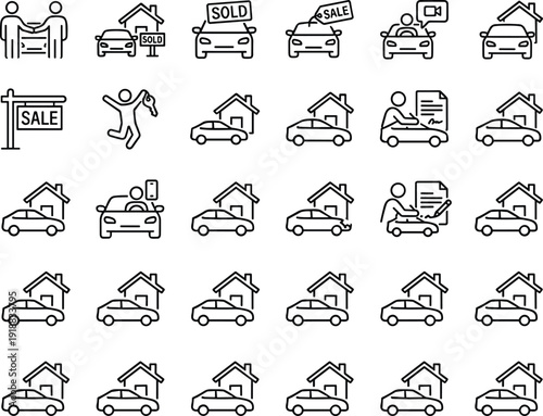 Car sale and rental line icon set vehicle dealership buy sell lease agreement outline vector collection