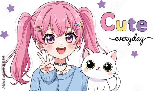 Cute anime girl with pink pigtails and white kitten character vector illustration with stars and cute everyday text for manga fans and stickers.
