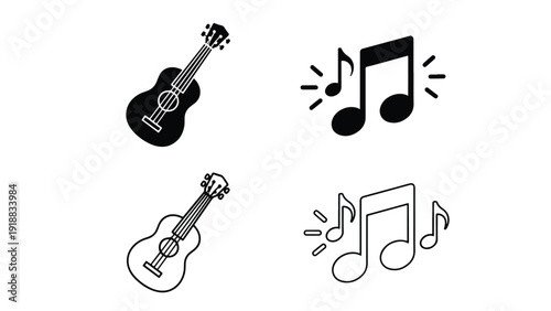 Guitar and music notes flat design vector illustration - Line and glyph icon set - Stickers and Clipart - PNG and SVG Icon collection - Lineal icons - Editable icon