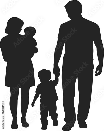 Happy family silhouette with father, mother, and children walking together