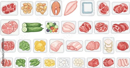 Vector illustration set of packaged fresh food featuring assorted meat slices salmon chicken and vegetables in tray packaging।