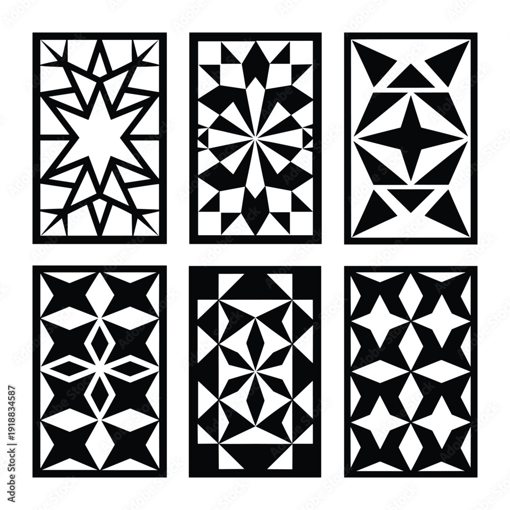 Fototapeta premium A collection of six distinct geometric patterns showcasing intricate black and white designs. isolated on white background, Vector