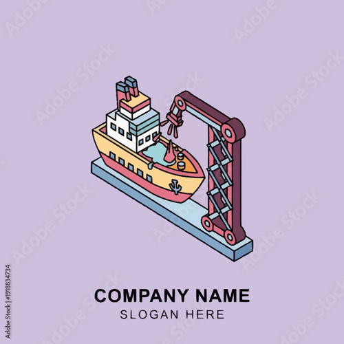 Isometric Illustration of Cargo Ship Being Loaded.