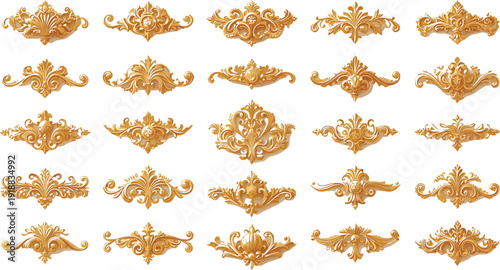 Collection of ornate golden baroque and rococo architectural molding elements featuring intricate floral scrolls and decorative flourishes perfect for classical design projects.