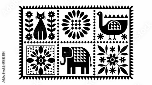 Vibrant black and white animal pattern with flowers and geometric shapes