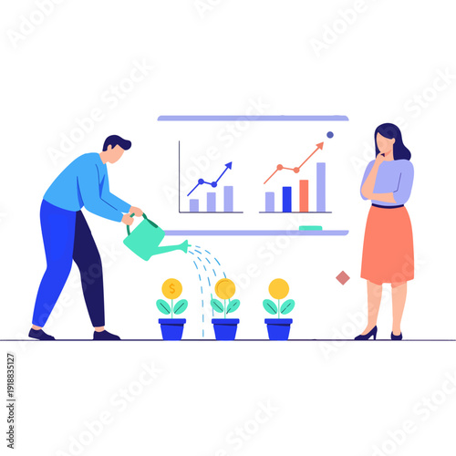 Team collaborating to nurture growth and track business success metrics together Vector