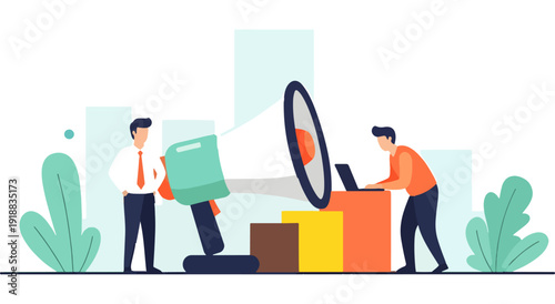 Team members actively participating in a brainstorming session with a megaphone. Vector