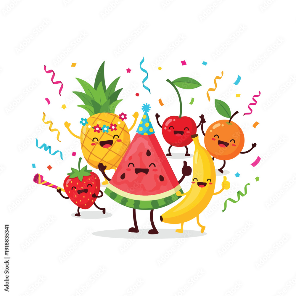 Obraz premium Cheerful Fruit Characters Celebrating with Confetti - Fun Vector Illustration