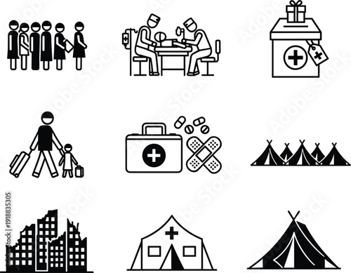 Vector line icon set for humanitarian aid featuring refugee camps medical assistance relief boxes and war-torn city symbols।