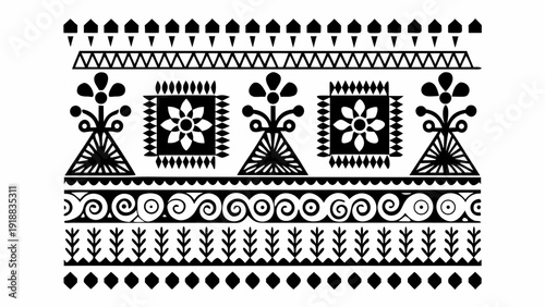 Vibrant black and white tribal pattern with floral designs