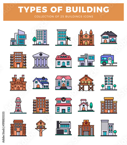 A diverse building icons. flat design. for web and print.