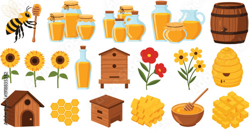 Vector illustration set of beekeeping icons featuring honey jars bees beehives sunflowers and organic honey production elements।
