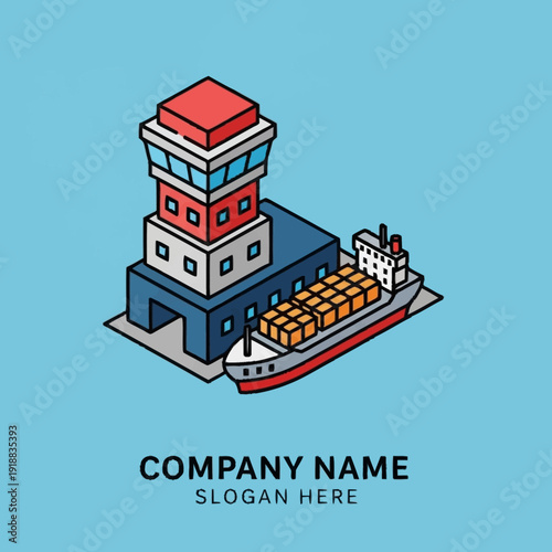 Isometric Cargo Ship with Containers and Building.