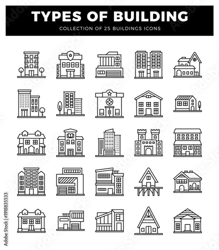 building icons presented on white background.