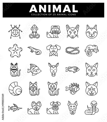 A clean animal icons. each with distinct linework on a white background.