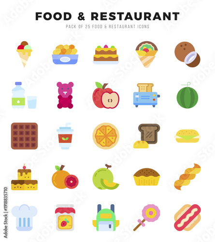 Set of Food and Restaurant icons in Flat style. Flat Icons symbol collection.