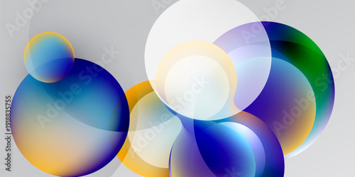 Abstract composition featuring overlapping translucent circles. Colors blend, creating soft gradients, dynamic visual effect.