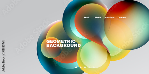 Abstract circles overlap, creating vibrant color gradients. Text labels present navigation options. Modern design, simple shapes, dark background.
