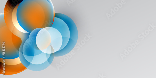 Abstract design features overlapping circles, orange, blue hues. Gradient background transitions from black to gray. Modern, simple composition.