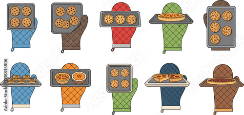 Vector illustration set of hands wearing oven mitts holding baking trays with fresh cookies pies and tarts।