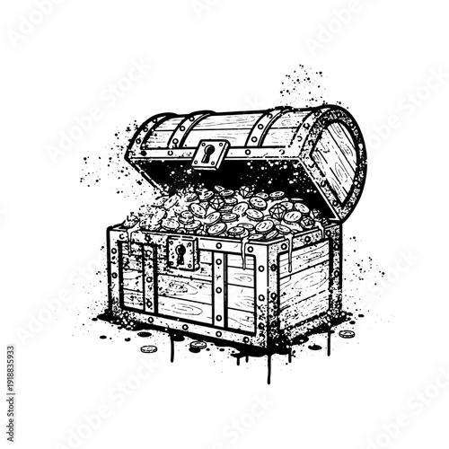 treasure chest full of gold coins graffiti spray paint splatter illustration