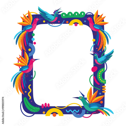 Festive and Colorful Tropical Birds Illustration Frame with Abstract Geometric Shapes Border Design
