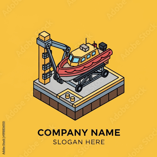 Isometric Illustration of Red Tugboat on Display.