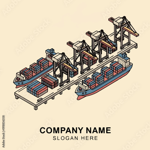 Cargo Ship at Container Terminal with Cranes.
