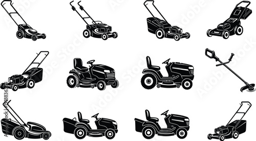 Vector illustration set of lawn mower icons featuring push mowers ride-on tractors and string trimmers for garden maintenance।