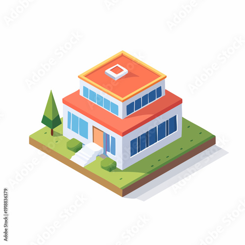 Modern isometric residential building with green grass and trees