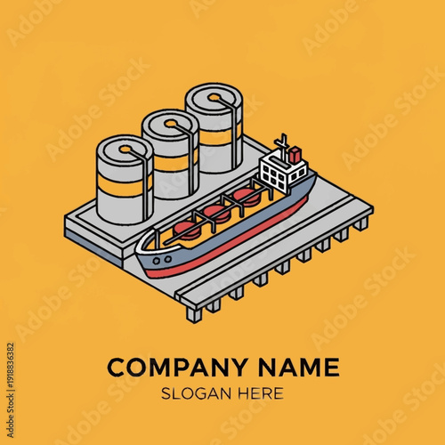 Cargo Ship at Industrial Dock with Tanks.