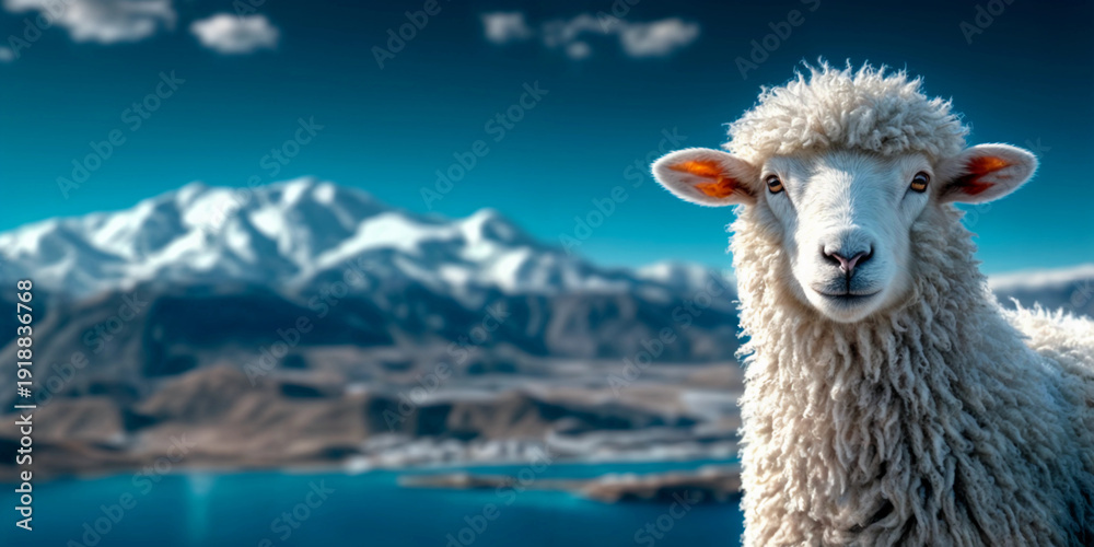 Fototapeta premium Head of a curly sheep against a picturesque mountain view. Farm animals, livestock and sheep breeding concept. Landscape shot for wallpaper, banner with copy space