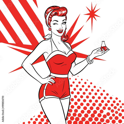 Retro Pin-up Woman Winking Holding Small Bottle, Pop Art Style