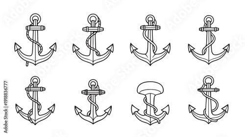 Nautical Anchor Collection Line Art Icons Set Vector Illustration