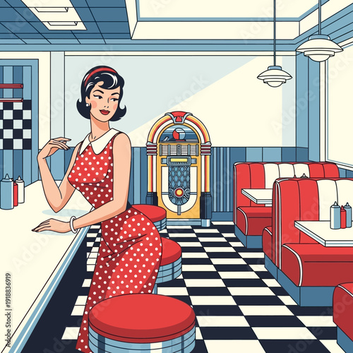 Retro Diner Woman in Polka Dot Dress Posing by Counter with Jukebox