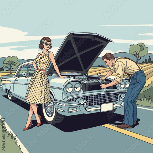 Retro Couple Fixing Broken Down Car on Roadside Vintage Style
